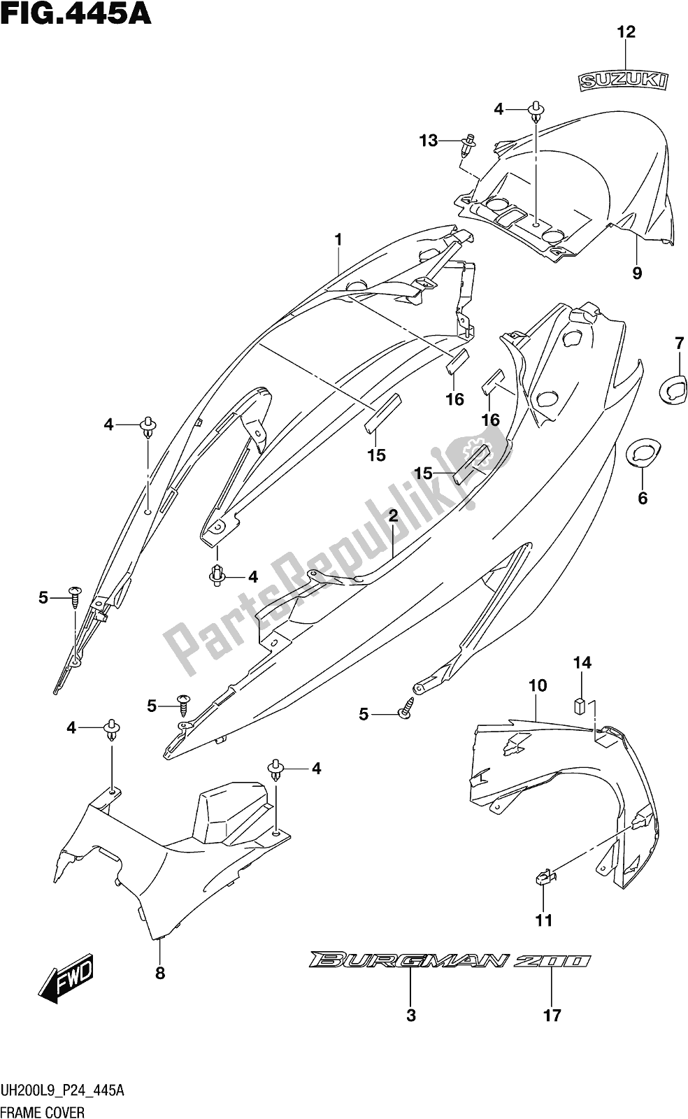 Todas as partes de Fig. 445a Frame Cover do Suzuki UH 200 2019