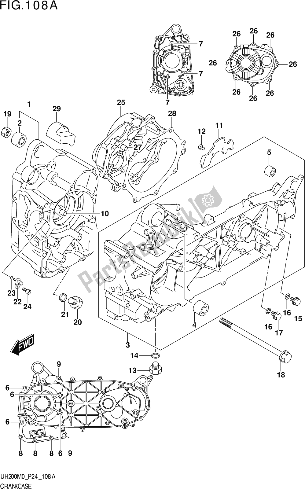 Alle onderdelen voor de Fig. 108a Crankcase van de Suzuki UH 200 2020