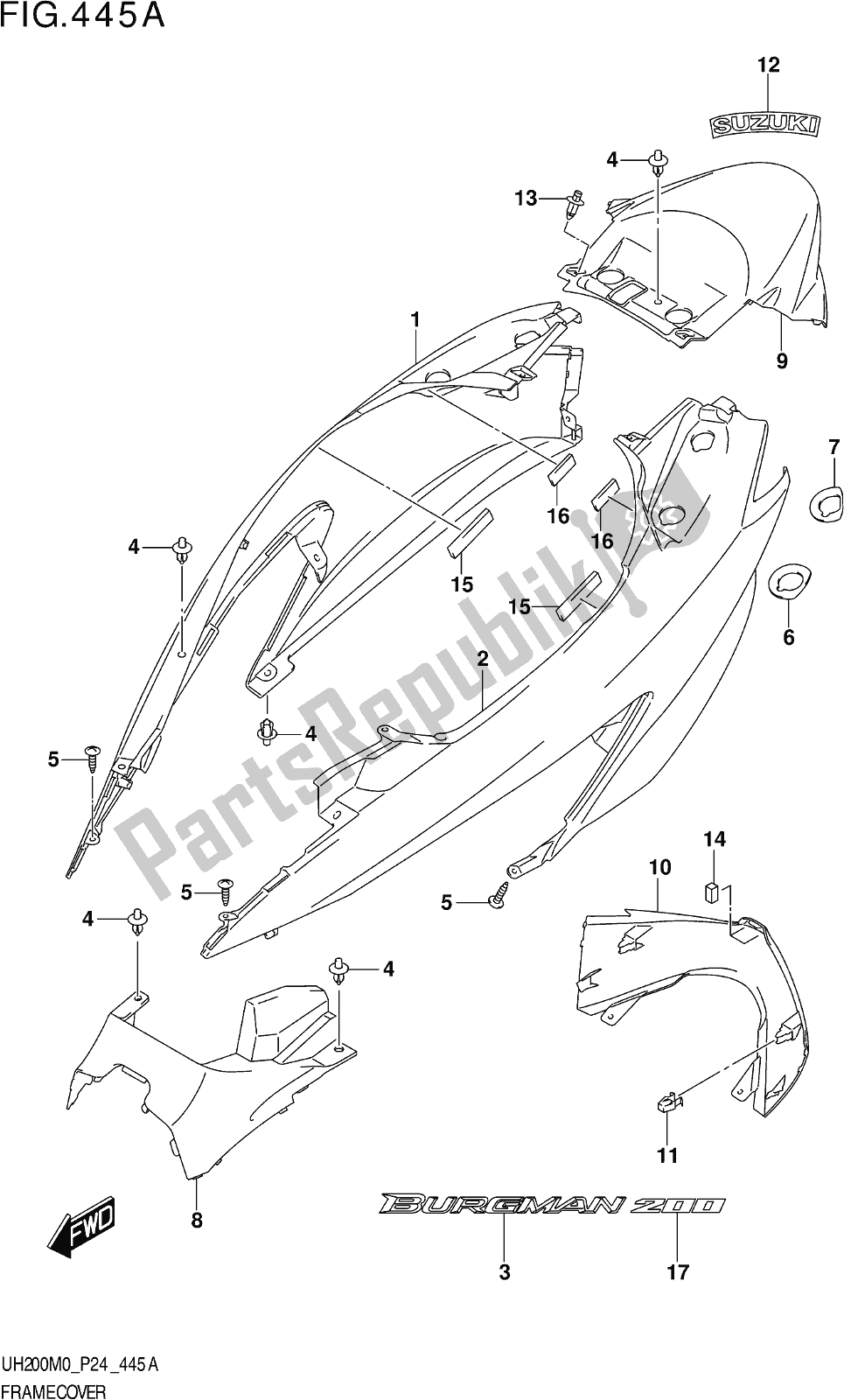 Alle onderdelen voor de Fig. 445a Frame Cover van de Suzuki UH 200 2020