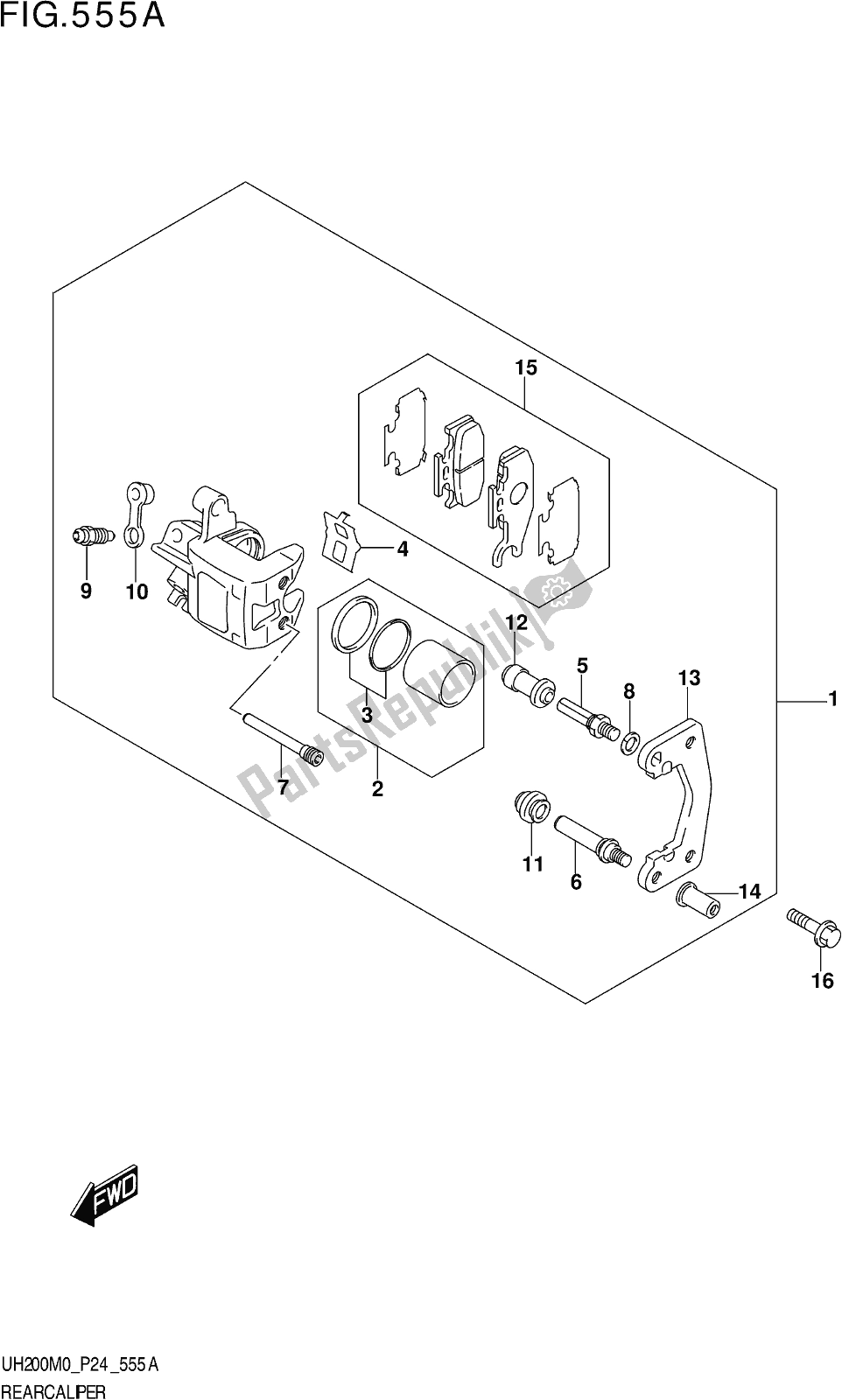 All parts for the Fig. 555a Rear Caliper of the Suzuki UH 200 2020