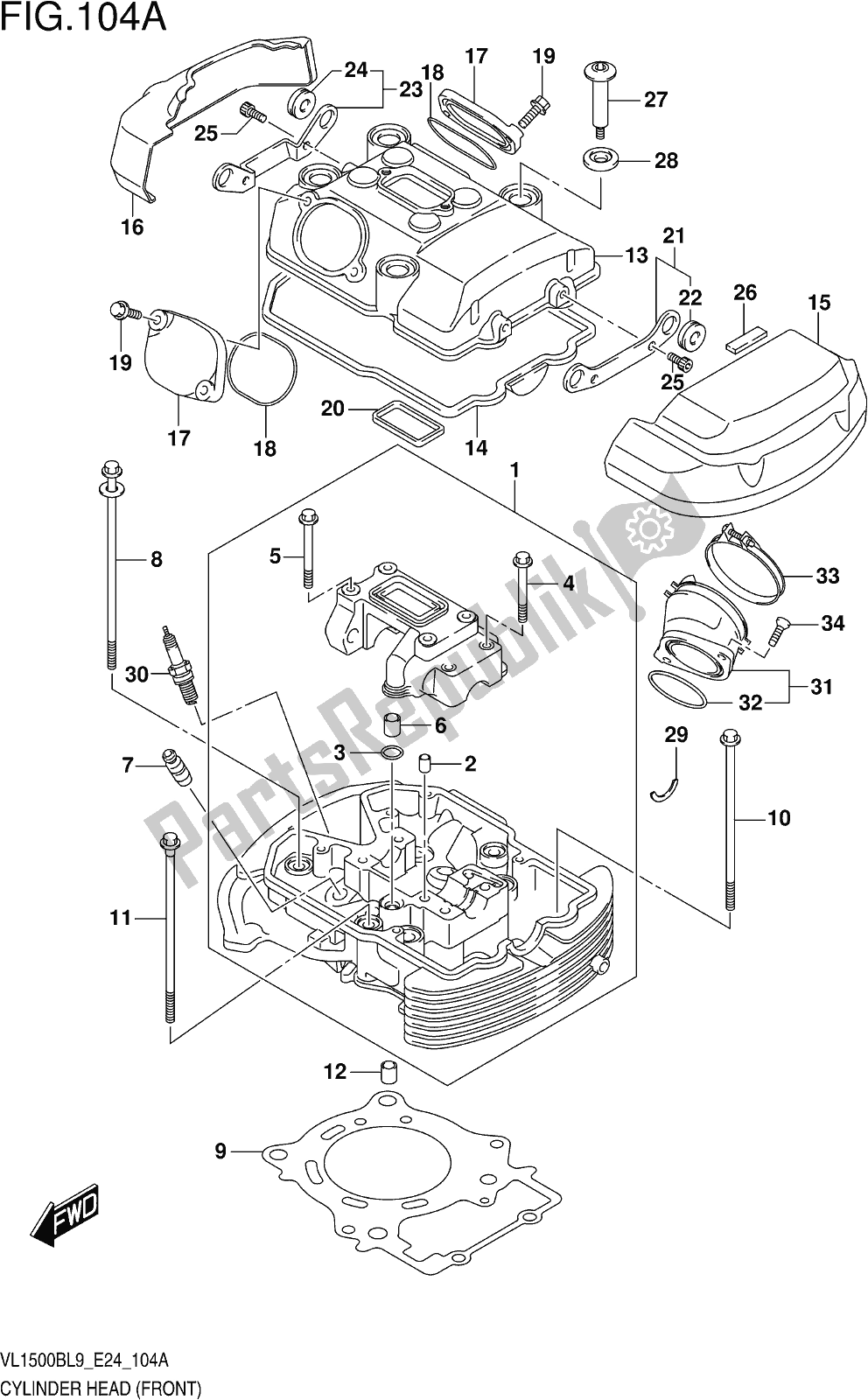 Alle onderdelen voor de Fig. 104a Cylinder Head (front) van de Suzuki VL 1500B 2019