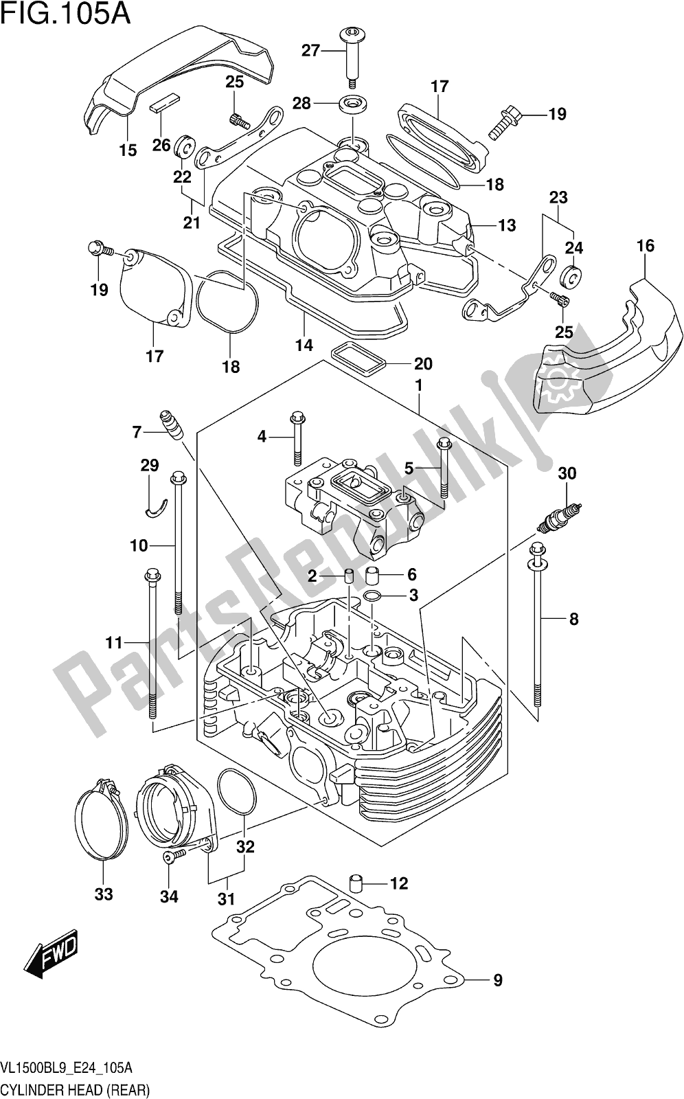 All parts for the Fig. 105a Cylinder Head (rear) of the Suzuki VL 1500B 2019