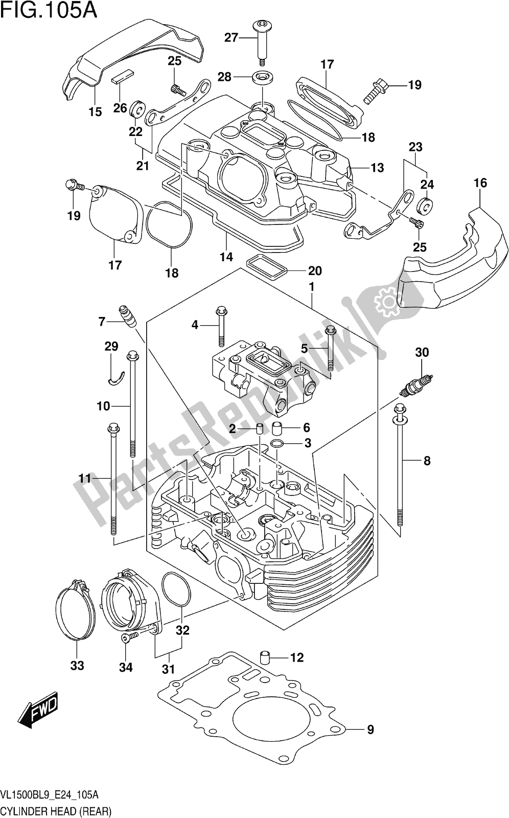 All parts for the Fig. 105a Cylinder Head (rear) of the Suzuki VL 1500B 2019