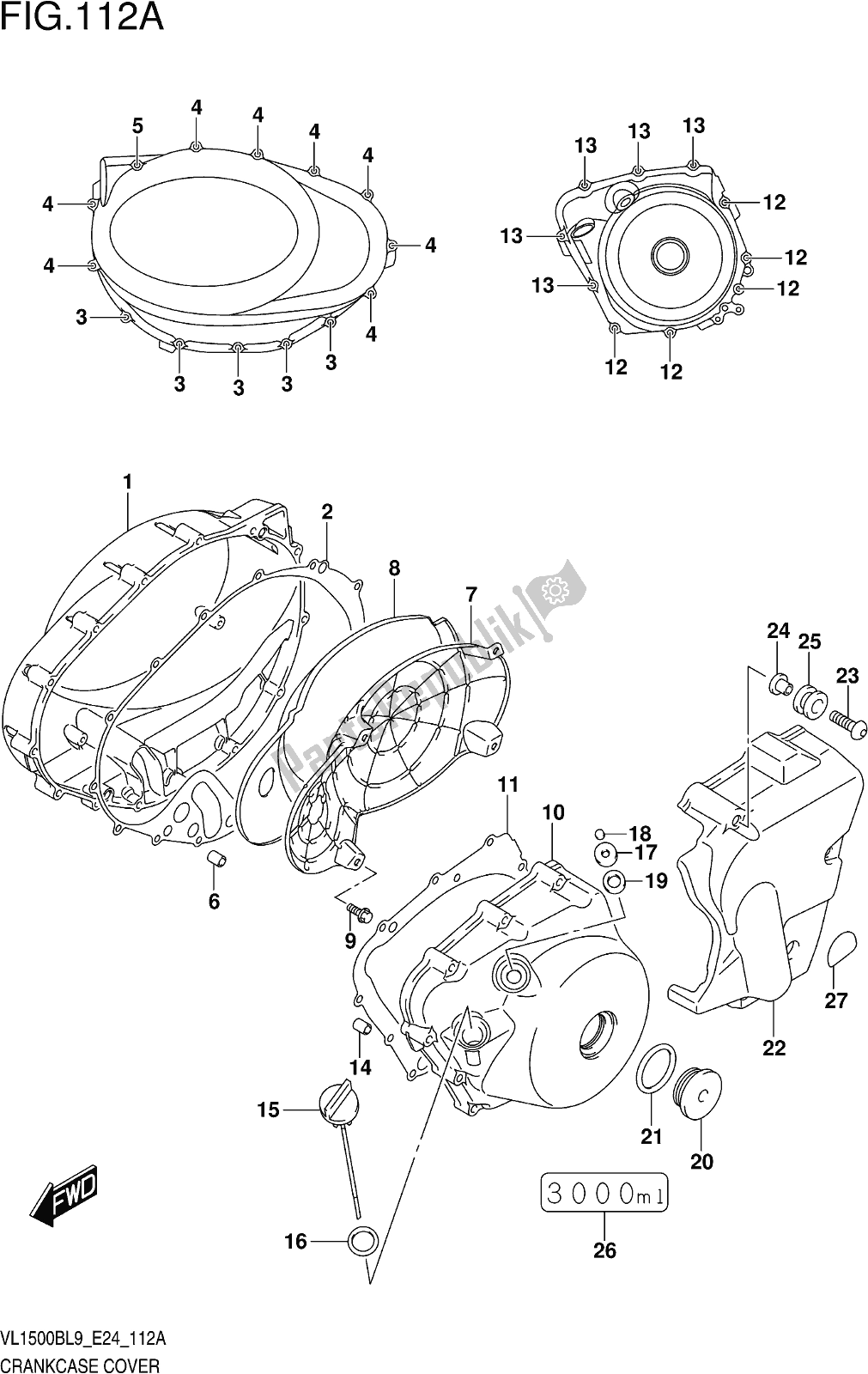 All parts for the Fig. 112a Crankcase Cover of the Suzuki VL 1500B 2019