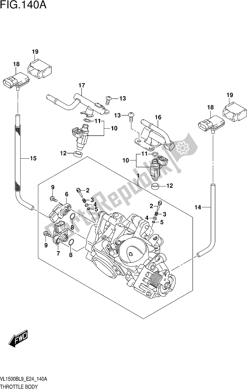 Alle onderdelen voor de Fig. 140a Throttle Body van de Suzuki VL 1500B 2019