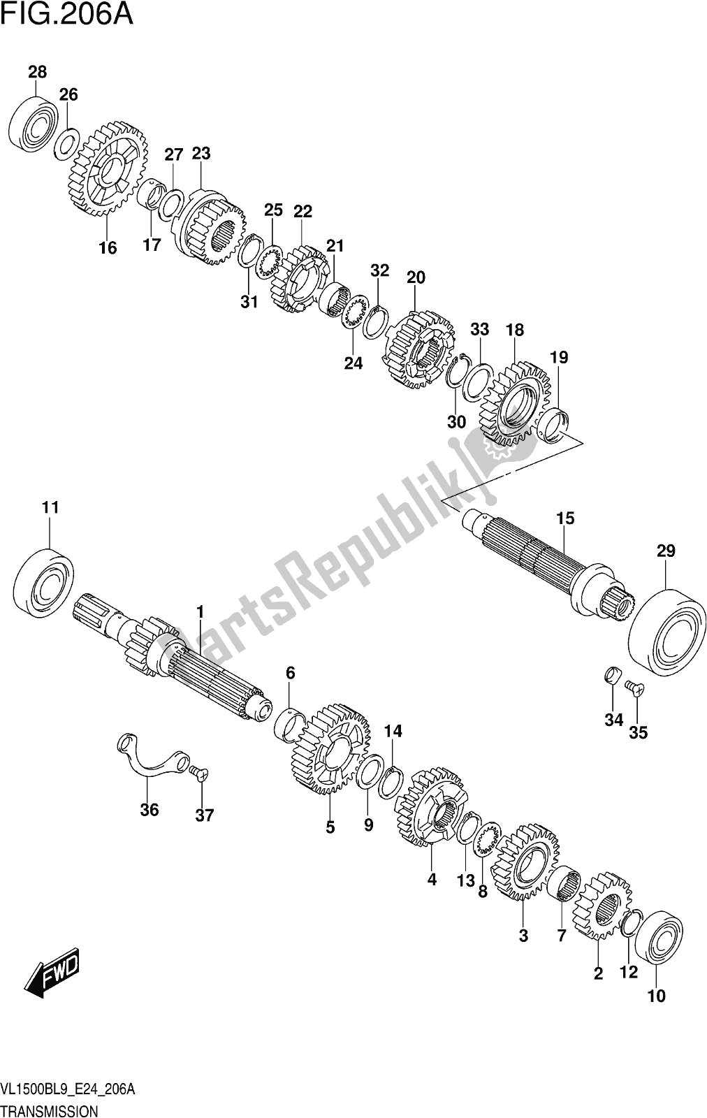 All parts for the Fig. 206a Transmission of the Suzuki VL 1500B 2019
