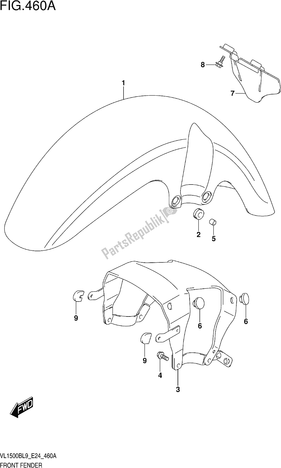 Alle onderdelen voor de Fig. 460a Front Fender van de Suzuki VL 1500B 2019