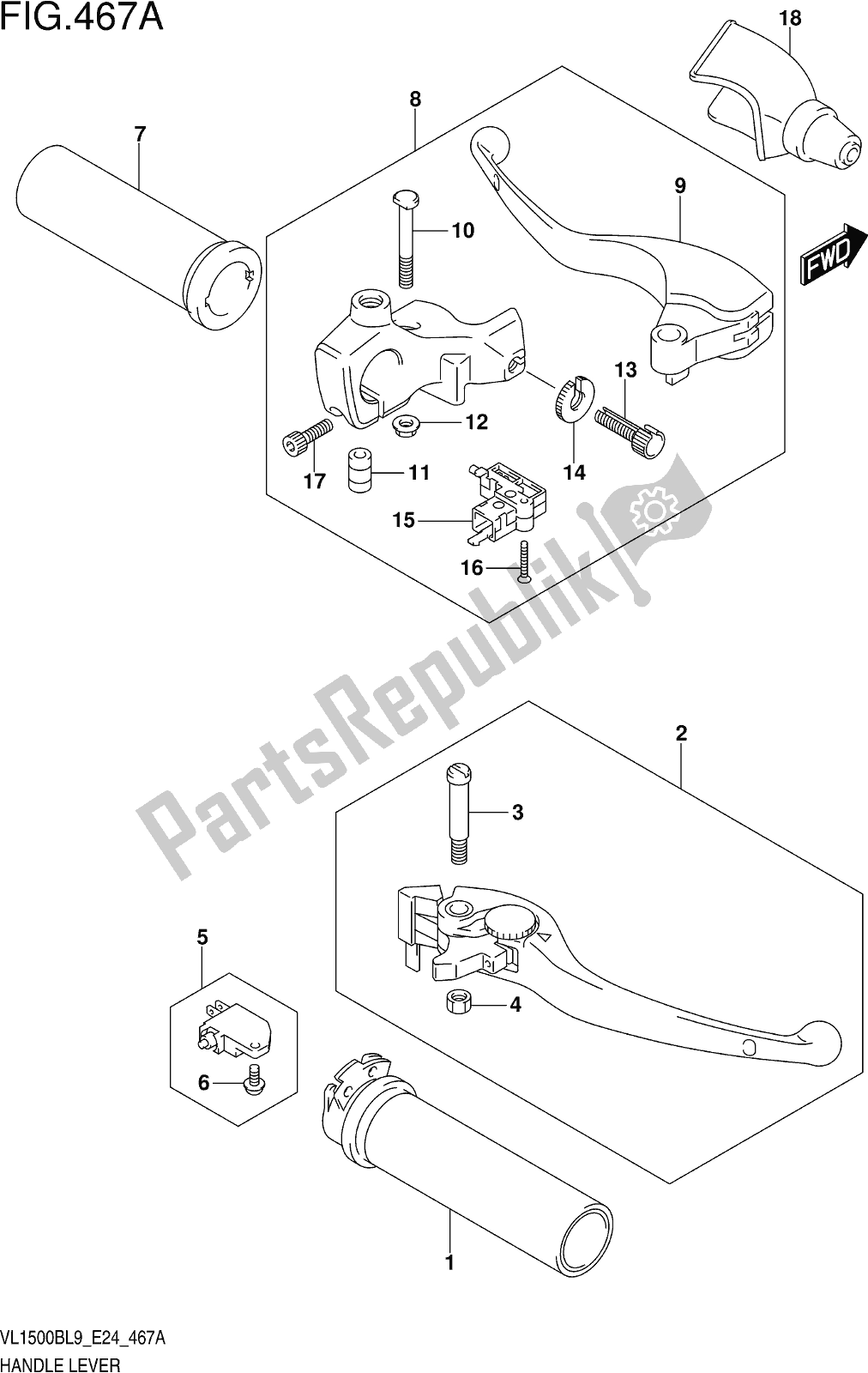 All parts for the Fig. 467a Handle Lever of the Suzuki VL 1500B 2019