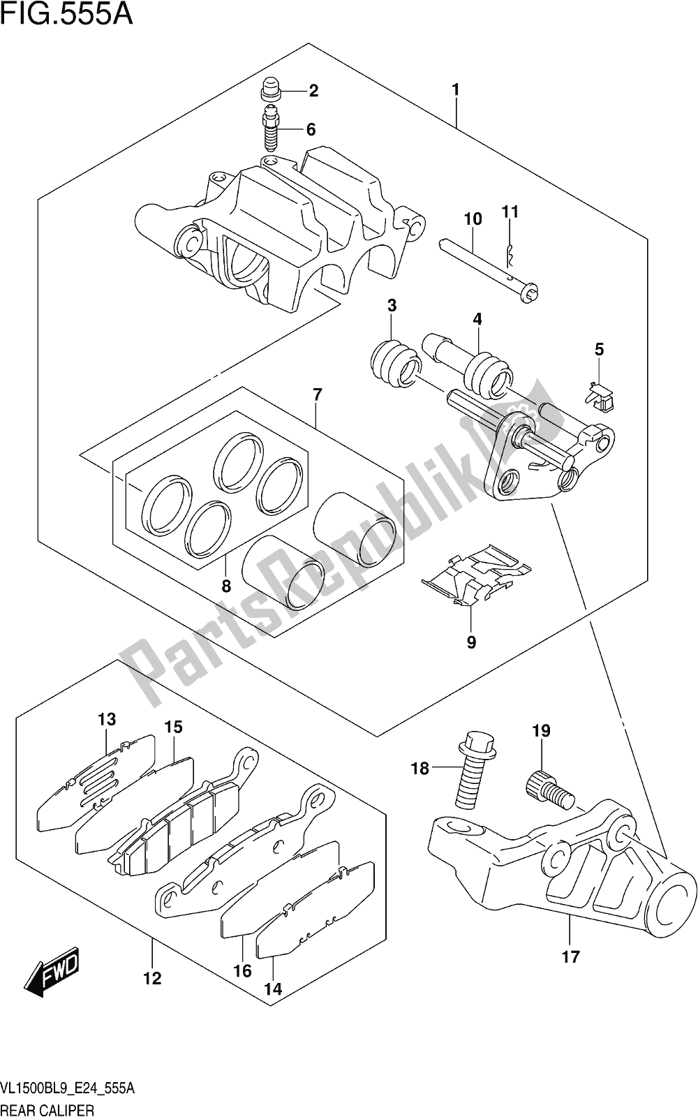 All parts for the Fig. 555a Rear Caliper of the Suzuki VL 1500B 2019