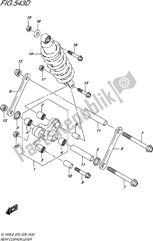 Tutte le parti per il Rear Cushion Lever (vl1500btl8 E28) del Suzuki VL 1500 BT 2018