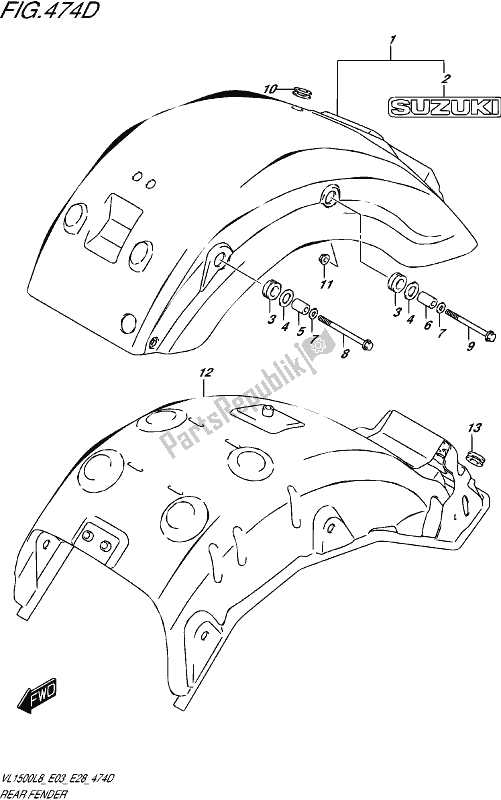 Tutte le parti per il Rear Fender (vl1500btl8 E28) del Suzuki VL 1500 BT 2018