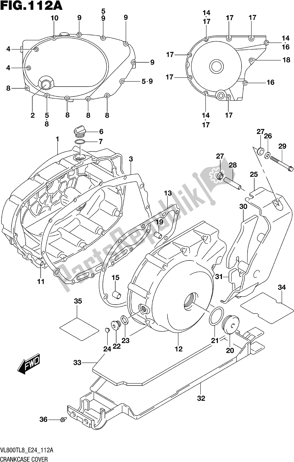 All parts for the Fig. 112a Crankcase Cover of the Suzuki VL 800T 2018