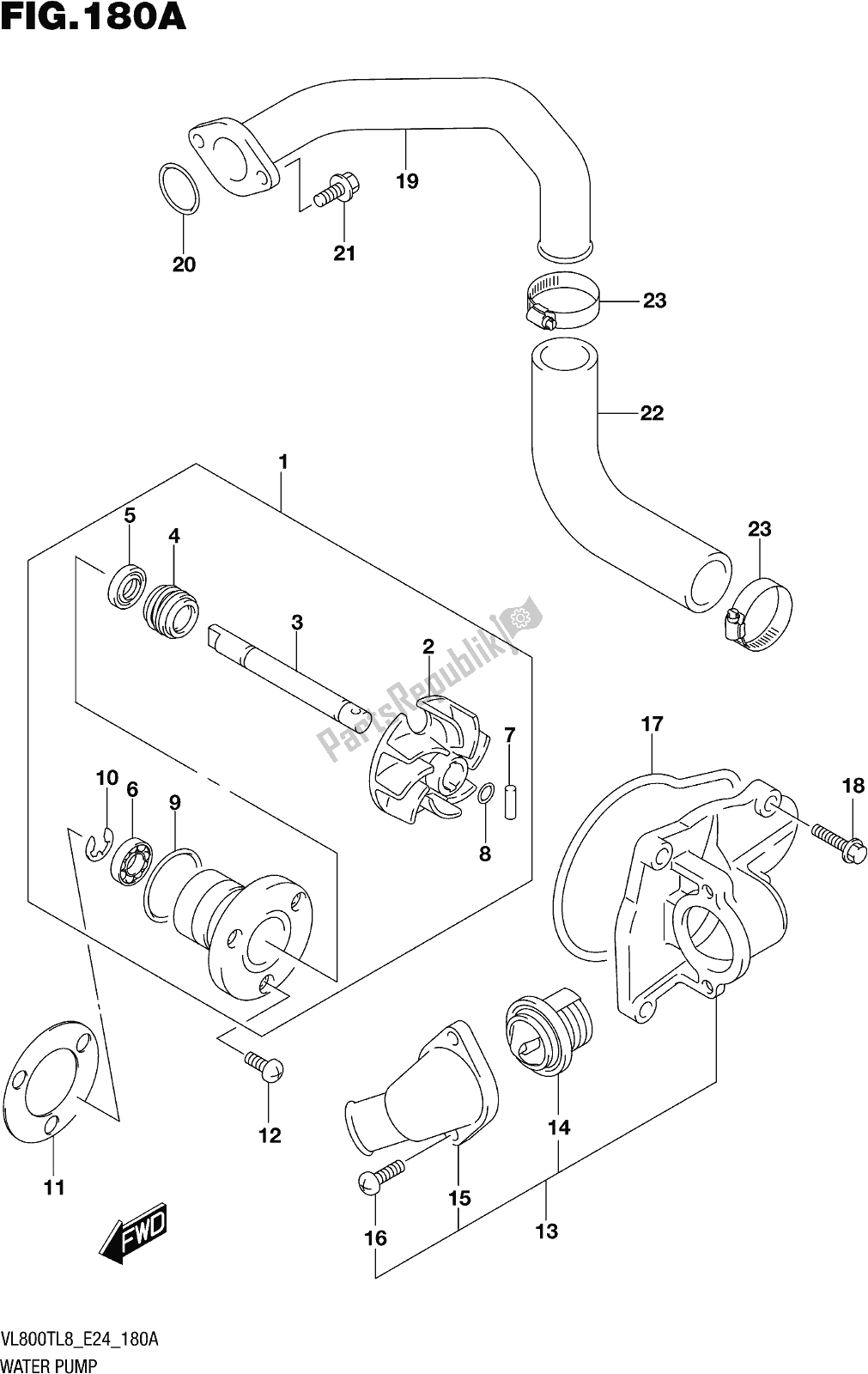 All parts for the Fig. 180a Water Pump of the Suzuki VL 800T 2018