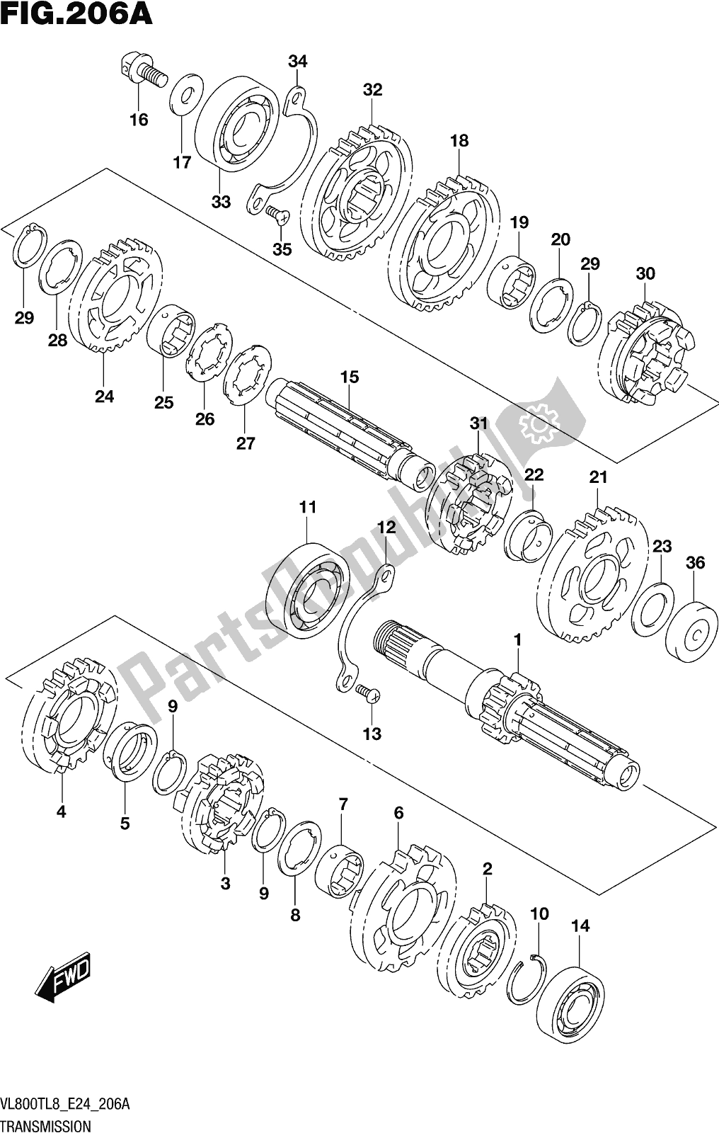 All parts for the Fig. 206a Transmission of the Suzuki VL 800T 2018