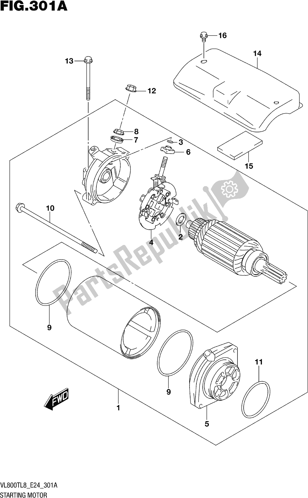 All parts for the Fig. 301a Starting Motor of the Suzuki VL 800T 2018