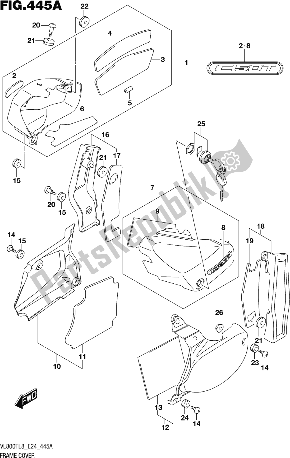 All parts for the Fig. 445a Frame Cover of the Suzuki VL 800T 2018