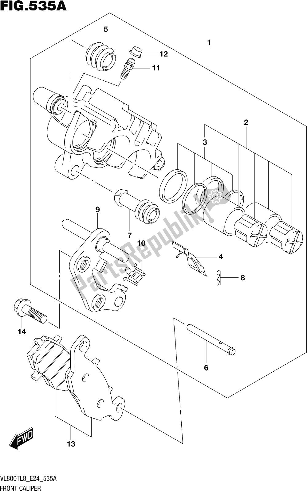 All parts for the Fig. 535a Front Caliper of the Suzuki VL 800T 2018