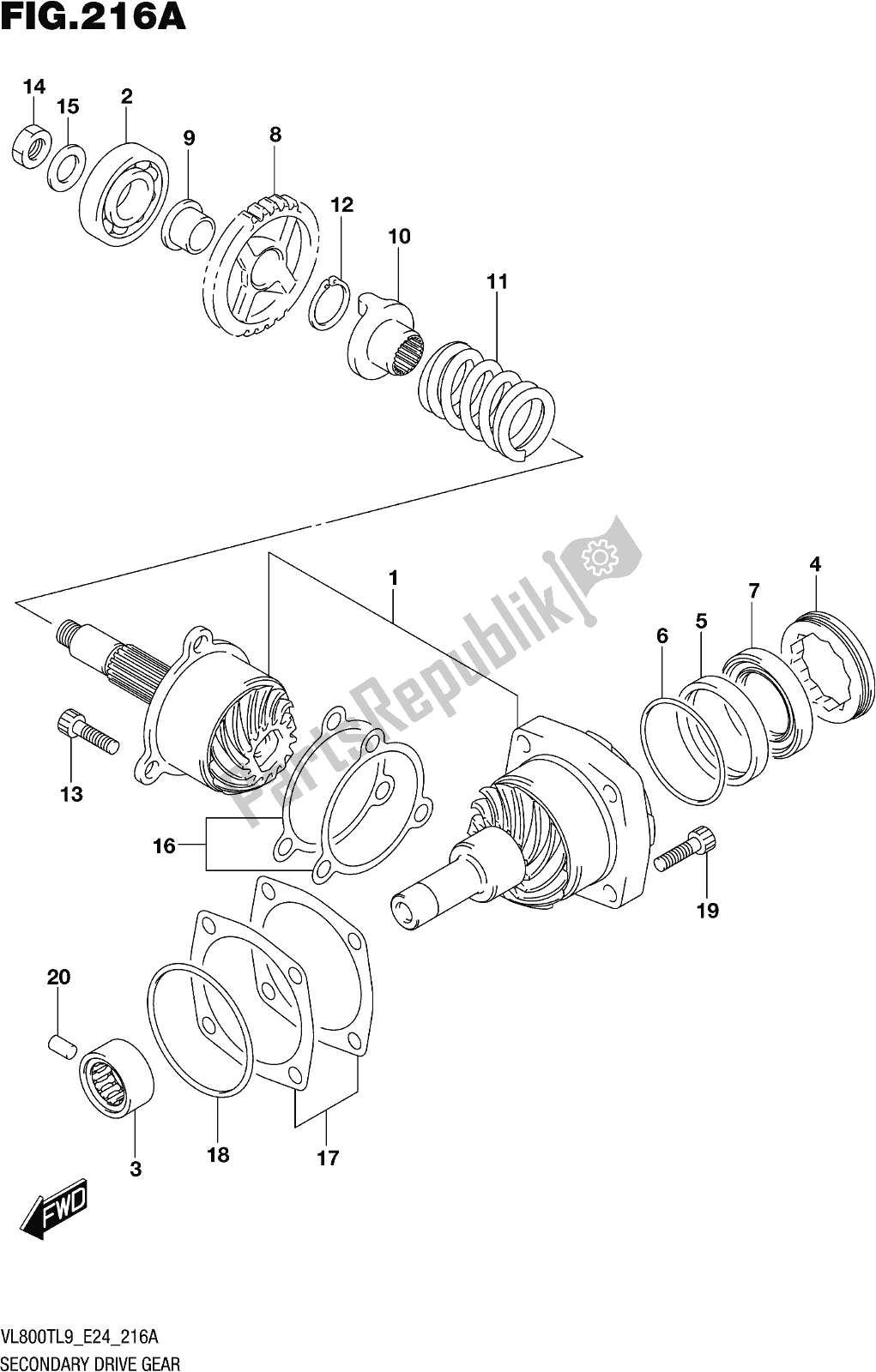 All parts for the Fig. 216a Secondary Drive Gear of the Suzuki VL 800T 2019