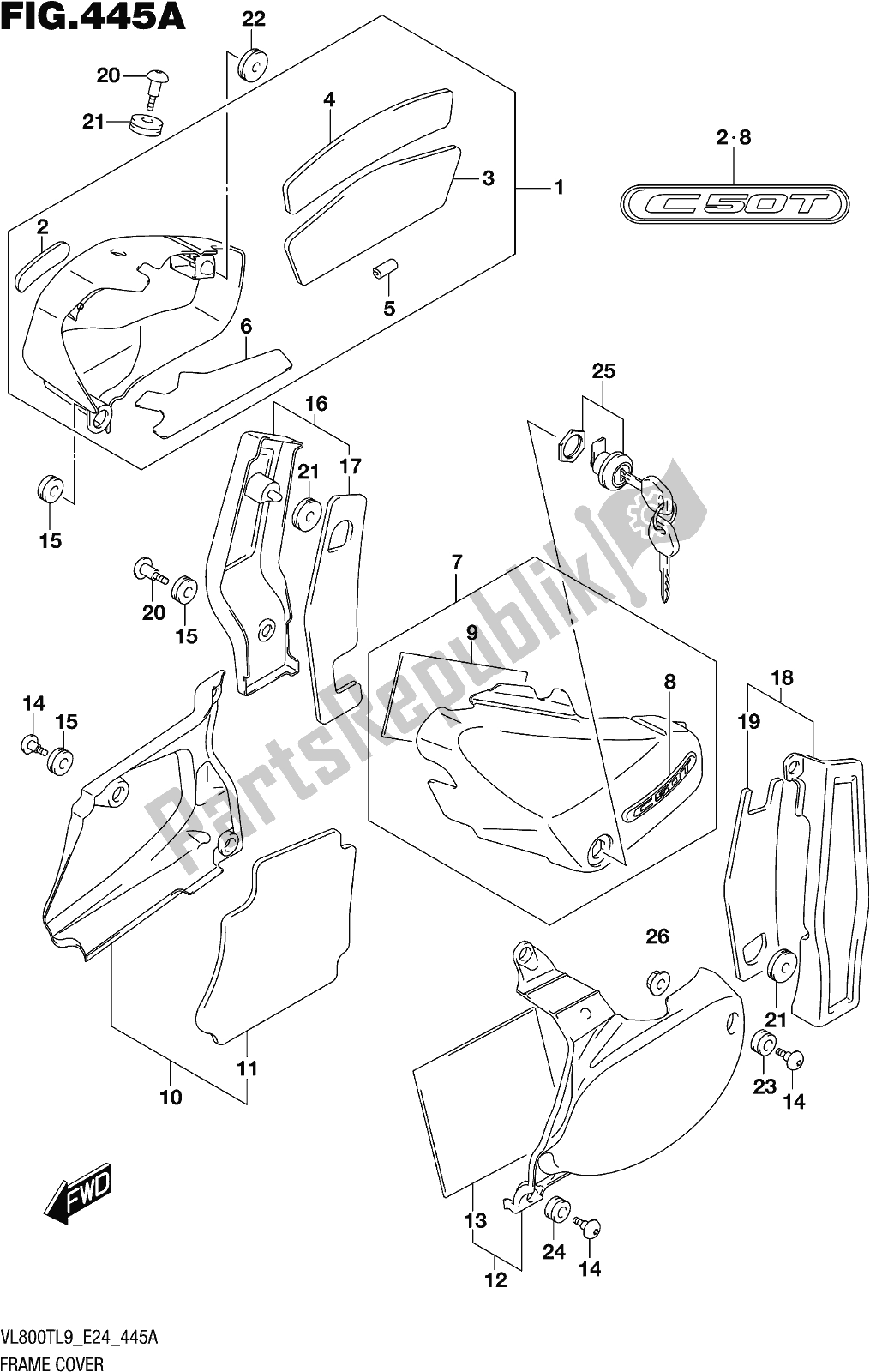 All parts for the Fig. 445a Frame Cover of the Suzuki VL 800T 2019