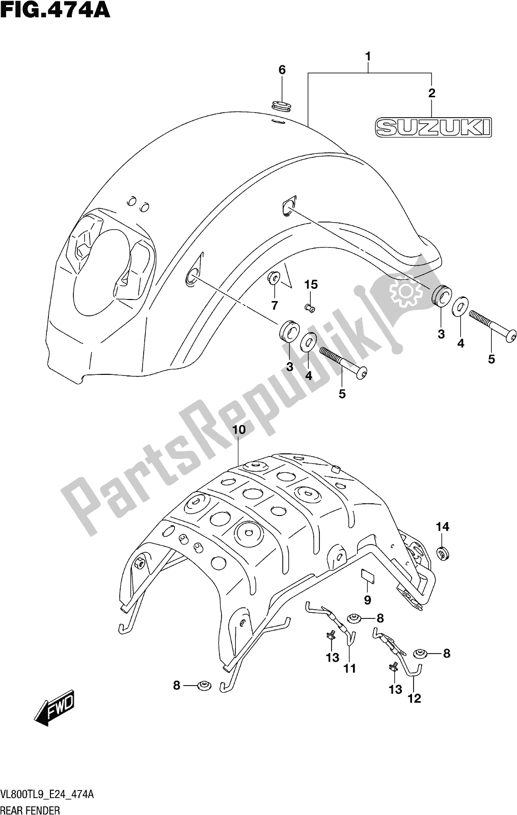 All parts for the Fig. 474a Rear Fender of the Suzuki VL 800T 2019
