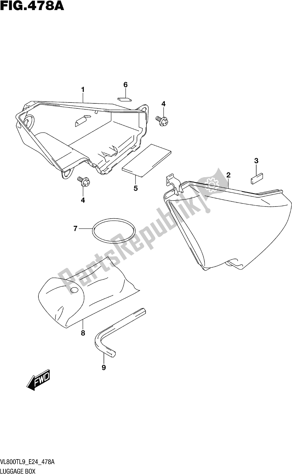 All parts for the Fig. 478a Luggage Box of the Suzuki VL 800T 2019