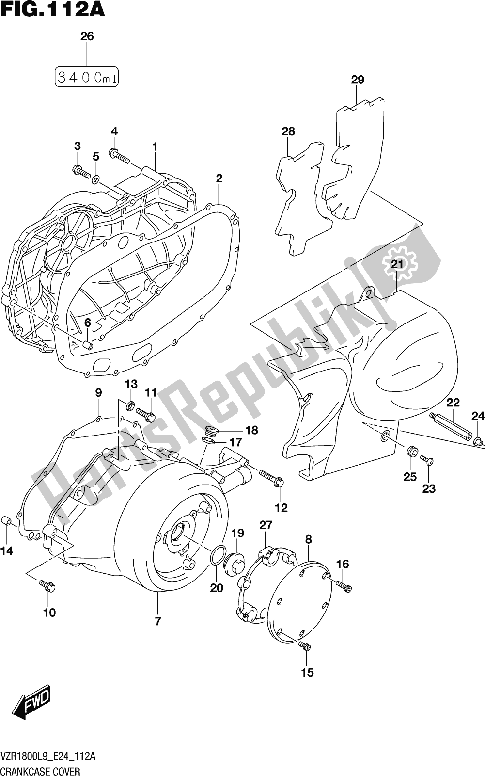 All parts for the Fig. 112a Crankcase Cover (vzr1800l9 E24) of the Suzuki VZR 1800 2019