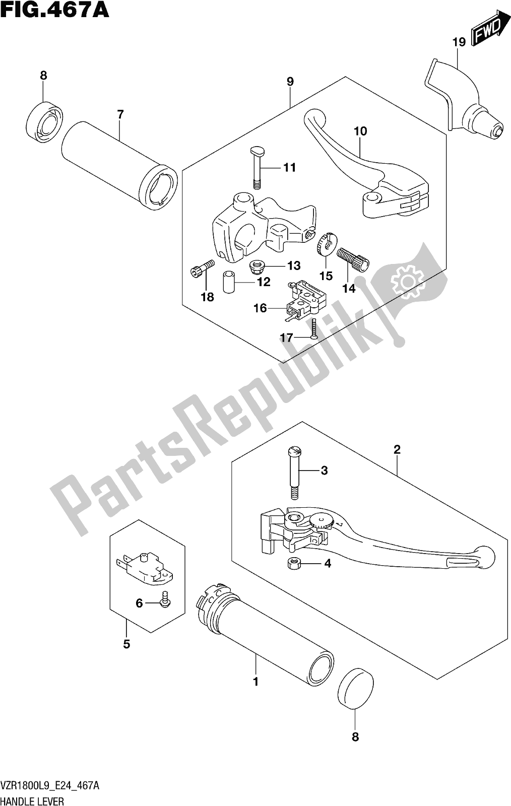All parts for the Fig. 467a Handle Lever (vzr1800l9 E24) of the Suzuki VZR 1800 2019