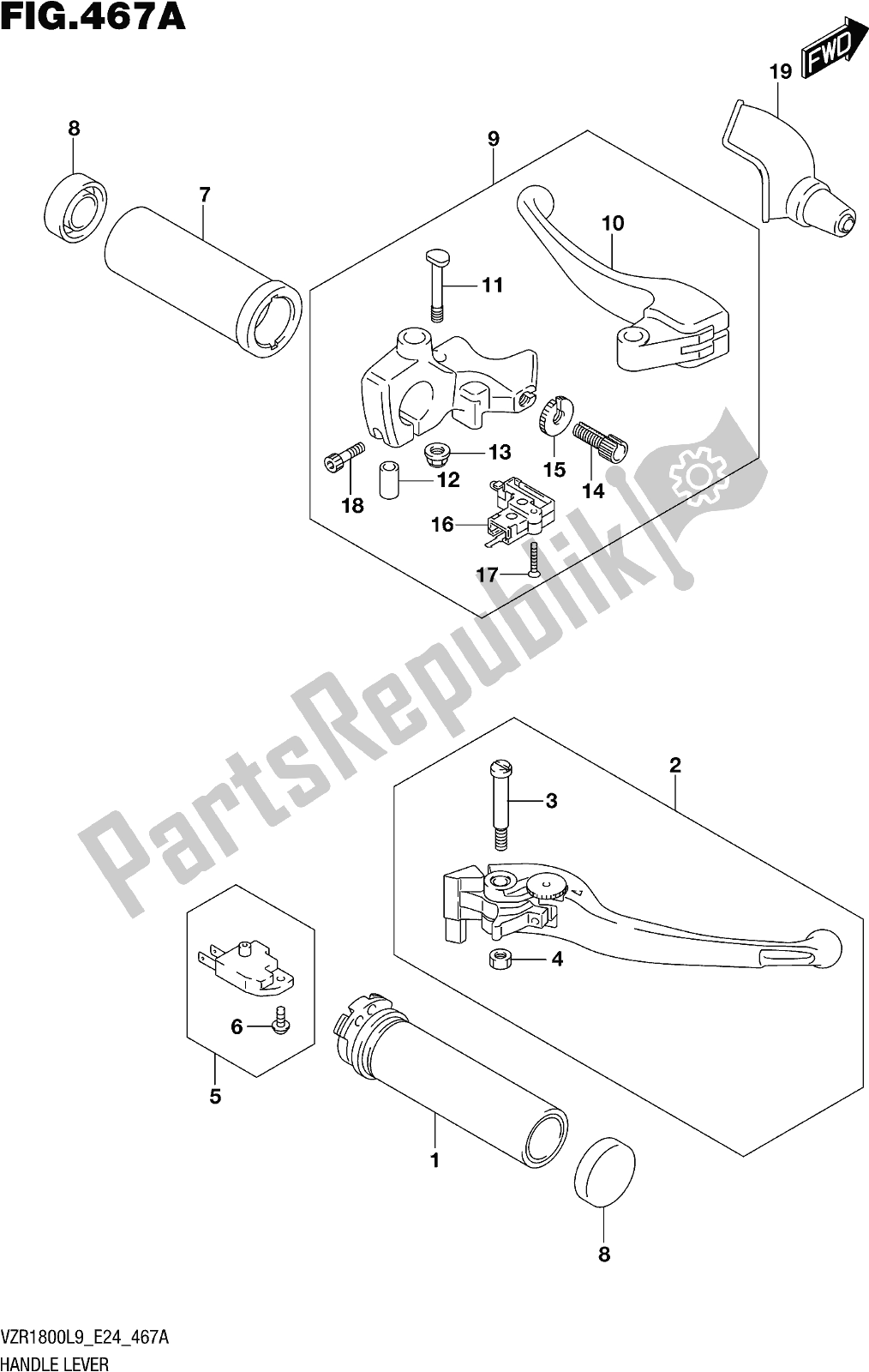 Todas as partes de Fig. 467a Handle Lever (vzr1800l9 E24) do Suzuki VZR 1800 2019