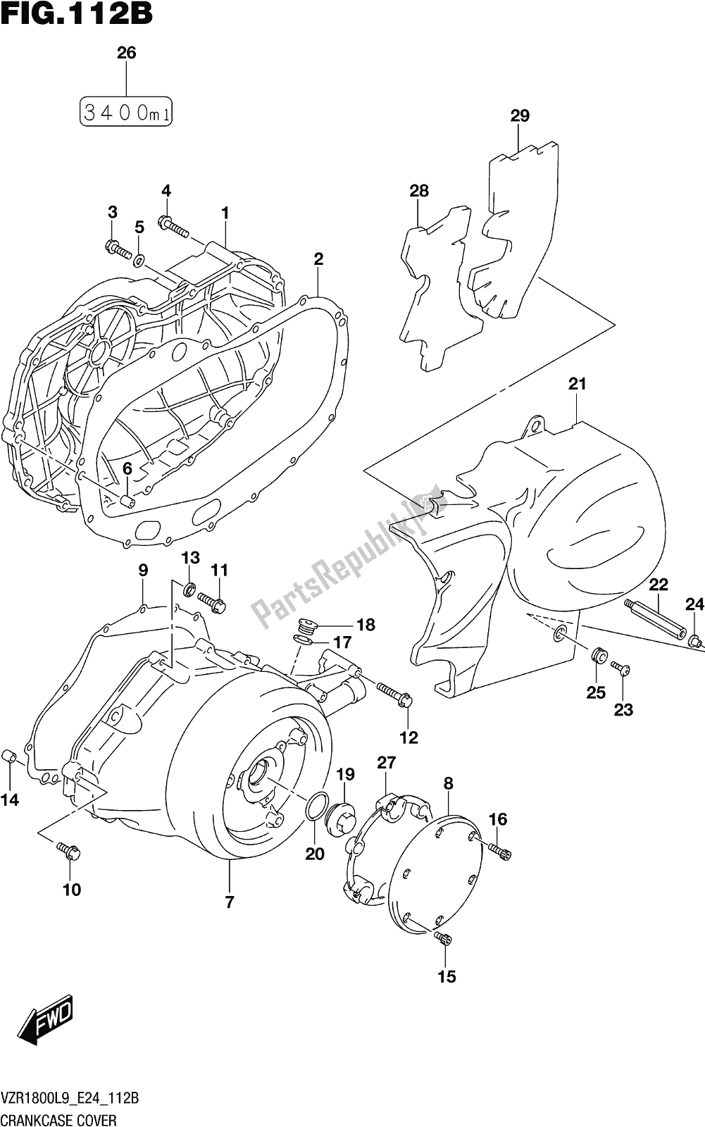 All parts for the Fig. 112b Crankcase Cover (vzr1800bzl9 E24) of the Suzuki VZR 1800 BZ 2019