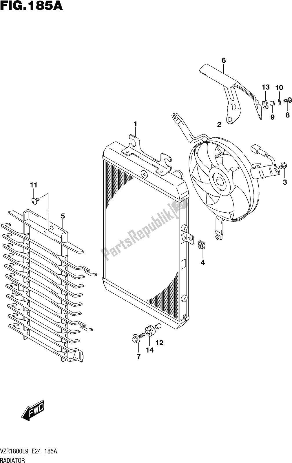 All parts for the Fig. 185a Radiator of the Suzuki VZR 1800 BZ 2019