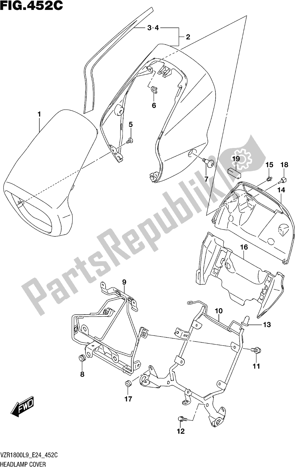 All parts for the Fig. 452c Headlamp Cover (vzr1800bzl9 E24) (av4) of the Suzuki VZR 1800 BZ 2019