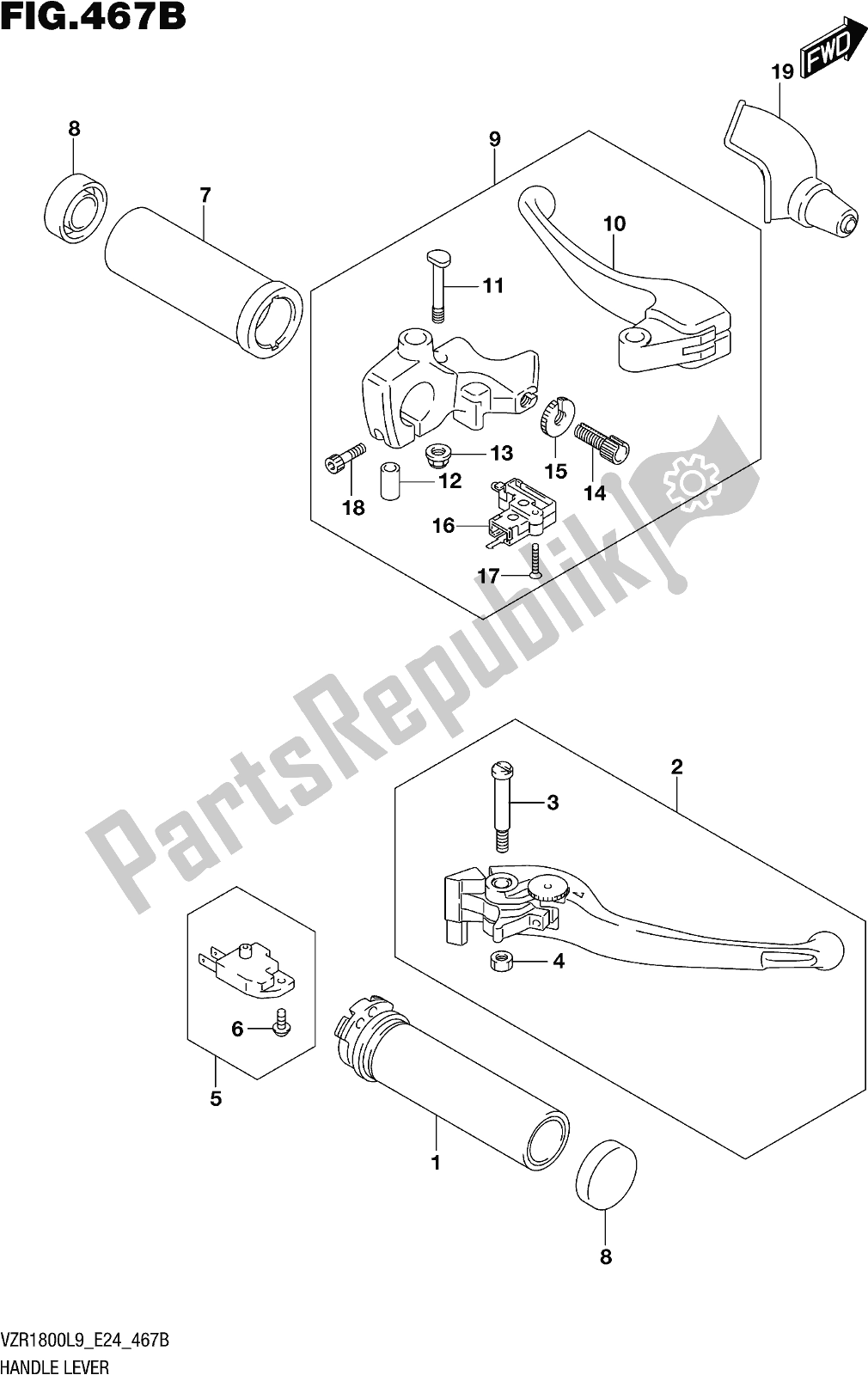 Todas as partes de Fig. 467b Handle Lever (vzr1800bzl9 E24) do Suzuki VZR 1800 BZ 2019