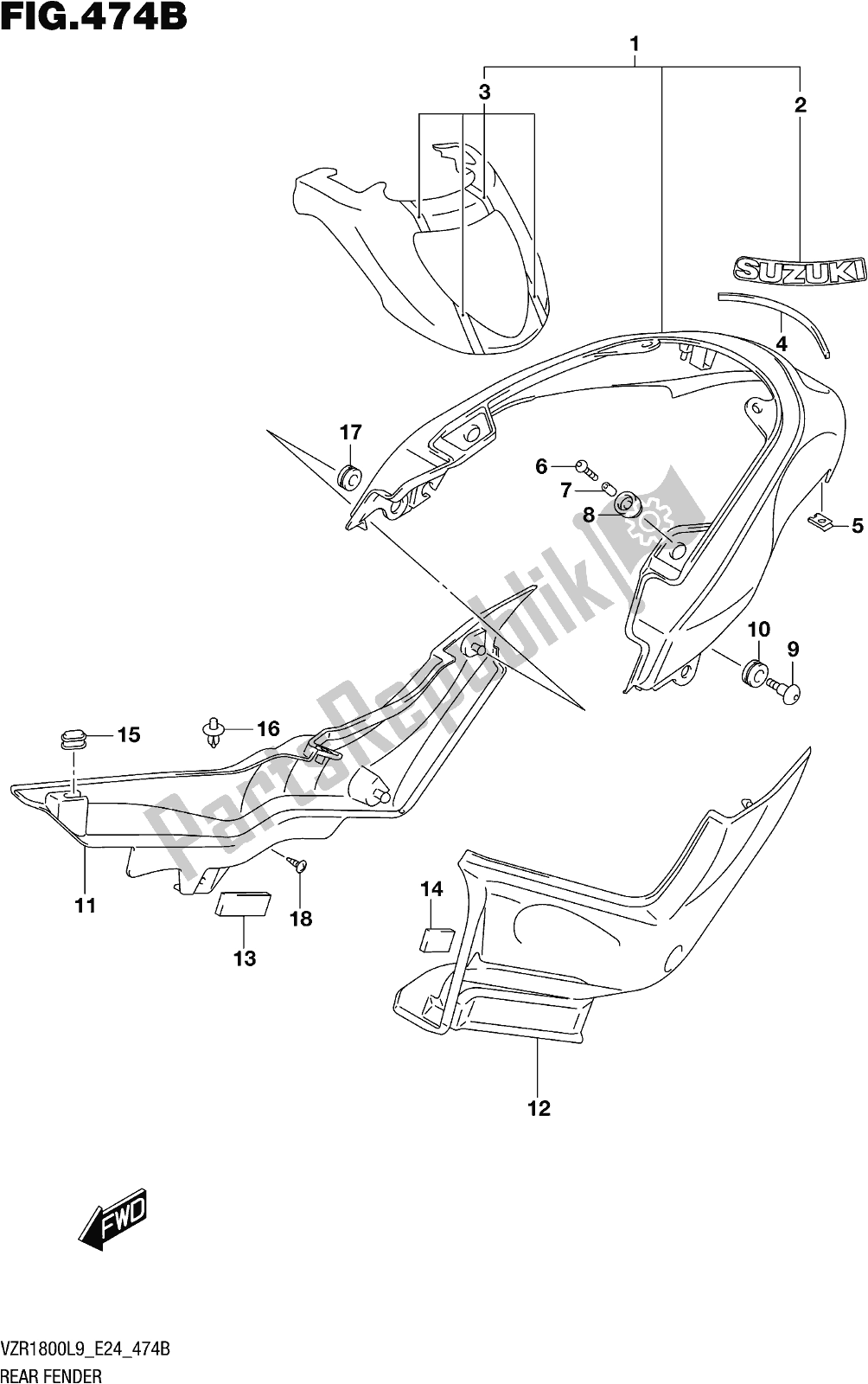 All parts for the Fig. 474b Rear Fender (vzr1800bzl9 E24) (ajp) of the Suzuki VZR 1800 BZ 2019