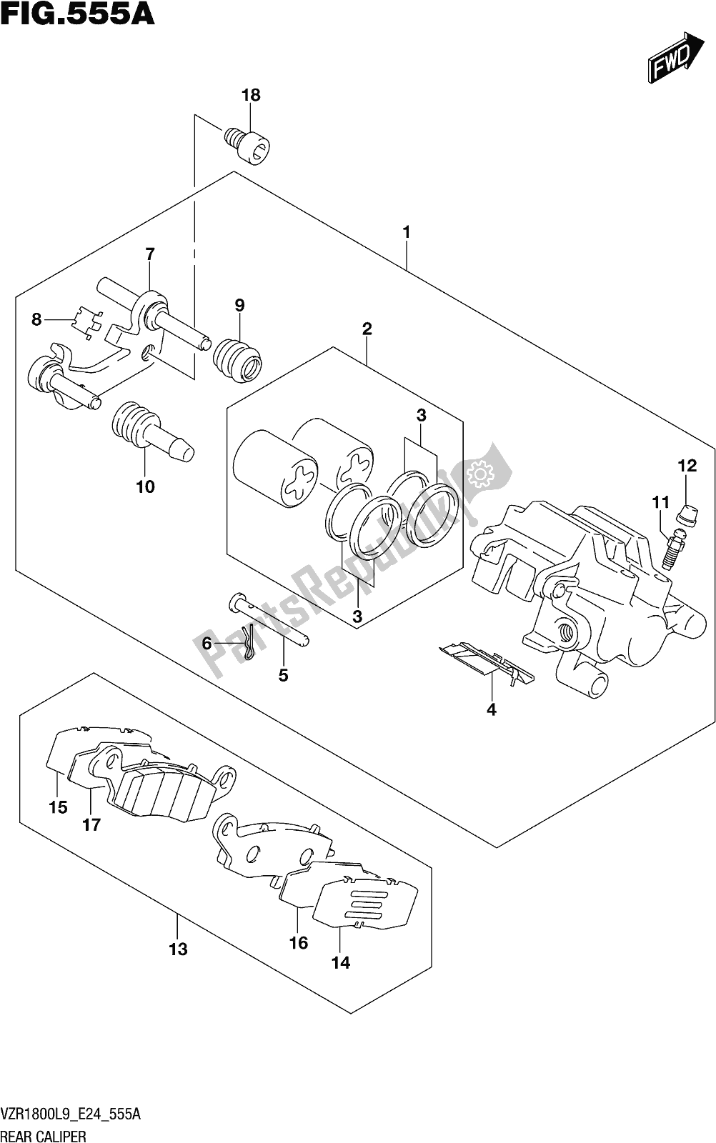 All parts for the Fig. 555a Rear Caliper of the Suzuki VZR 1800 BZ 2019