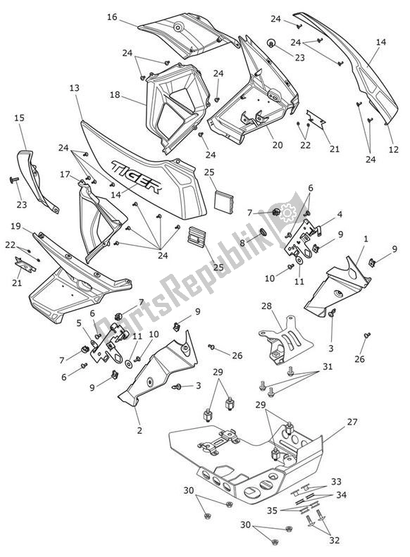 All parts for the Fairing Side Sumpguard of the Triumph Tiger XCA From VIN 855532 1215 2018 - 2021