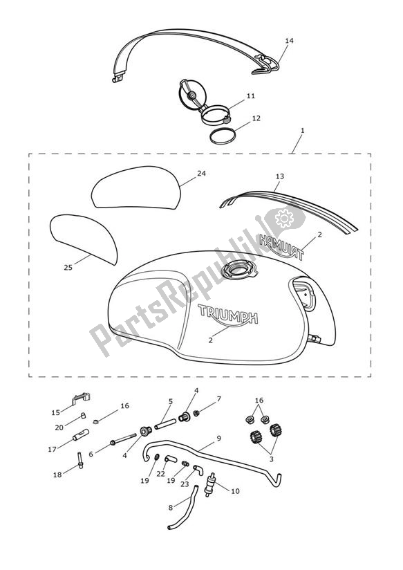 Alle onderdelen voor de Fueltank Aegean Blue van de Triumph Thruxton RS 1200 2020 - 2024