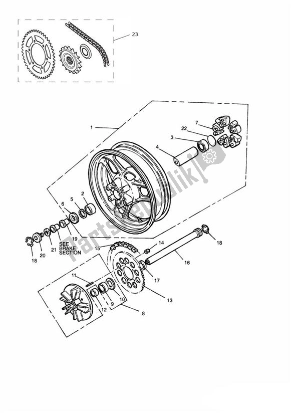 All parts for the Rear Wheel 750ccm of the Triumph Speed Triple Carburator 885 1994 - 1997