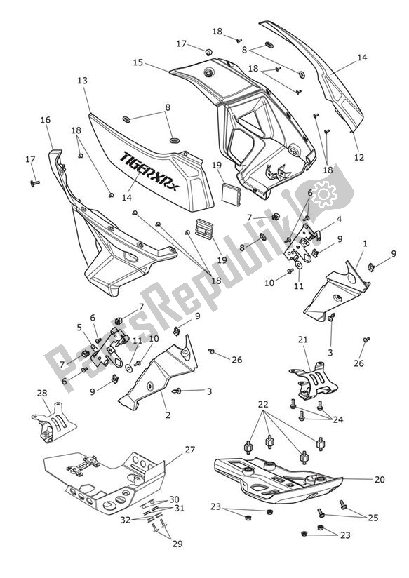 Toutes les pièces pour le Fairing Laterally du Triumph Tiger XRX UP TO VIN 855531 1215 2015 - 2017