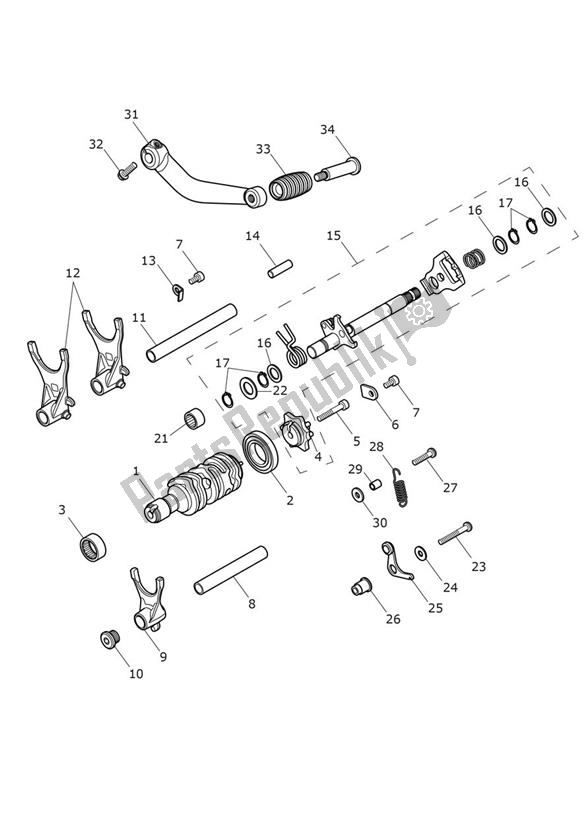 Todas as partes de Gear Selection Shaft Gear Selector Drum do Triumph Bonneville T 120 UP TO VIN AC 6129 +budekins & Diamond 1200 2016 - 2021