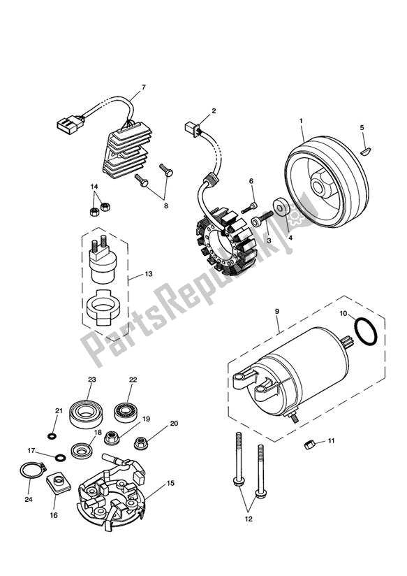 All parts for the Starter Generator of the Triumph Bonneville & T 100 Carburator 865 2001 - 2015