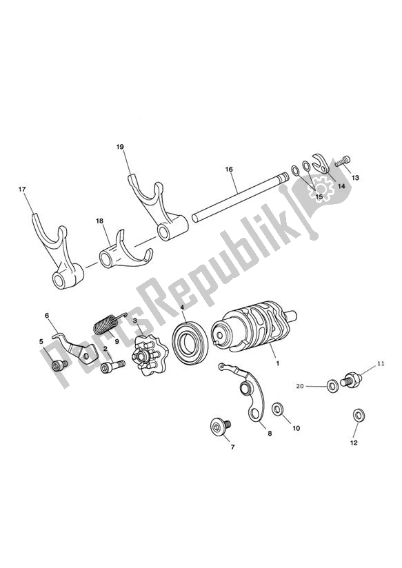 All parts for the Gear Selector Drum From Engine340170-563846 of the Triumph Tiger 1050 & SE 2007 - 2013