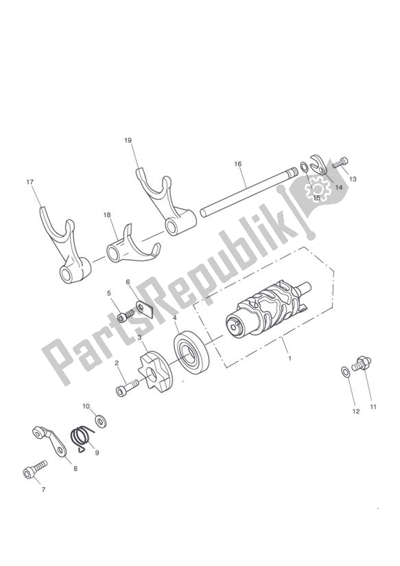 All parts for the Gear Selector Drum Up To Engine340169 of the Triumph Tiger 1050 & SE 2007 - 2013