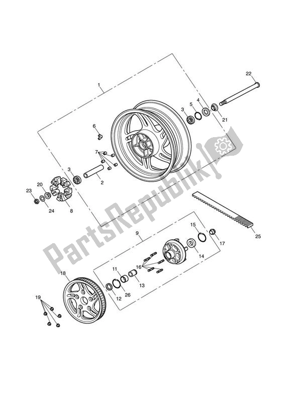 Alle onderdelen voor de Achterwiel van de Triumph Thunderbird 1600 & 1700 1597 2009 - 2015