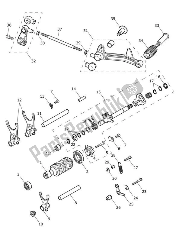 Alle onderdelen voor de Gear Selection Shaft Gear Selector Drum van de Triumph Bobber From AC 1196 1200 2017 - 2021