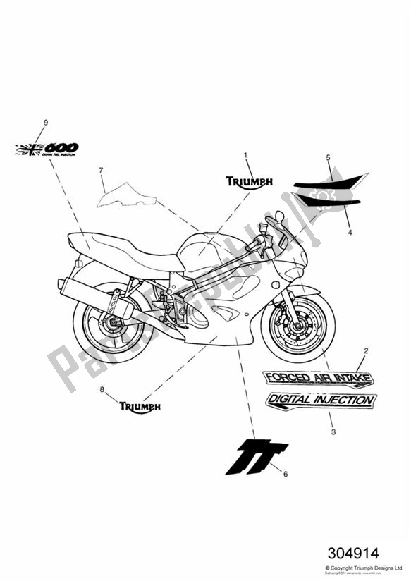 All parts for the Decal From Vin 111990 Up To 115673 of the Triumph TT 600 599 2000 - 2003