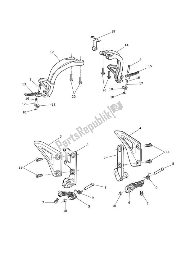 Alle onderdelen voor de Voetsteunen van de Triumph Speed Triple 1050 From VIN 461332 2005 - 2010