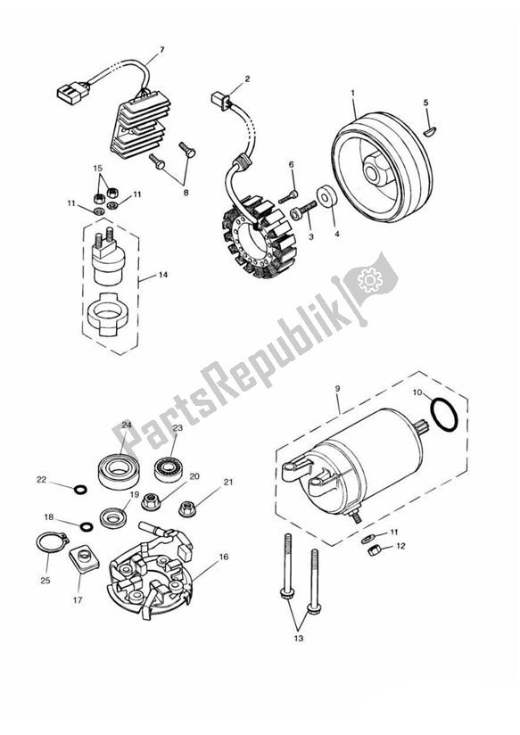 All parts for the Starter Generator of the Triumph America Carburator 790 2001 - 2007