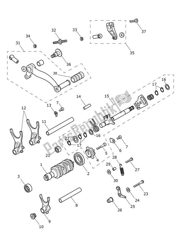 Todas as partes de Gear Selection Shaft Gear Selector Drum - Speed Twin From Vin Ae2311 do Triumph Speed Twin From VIN AE 2311 1200 2021 - 2024