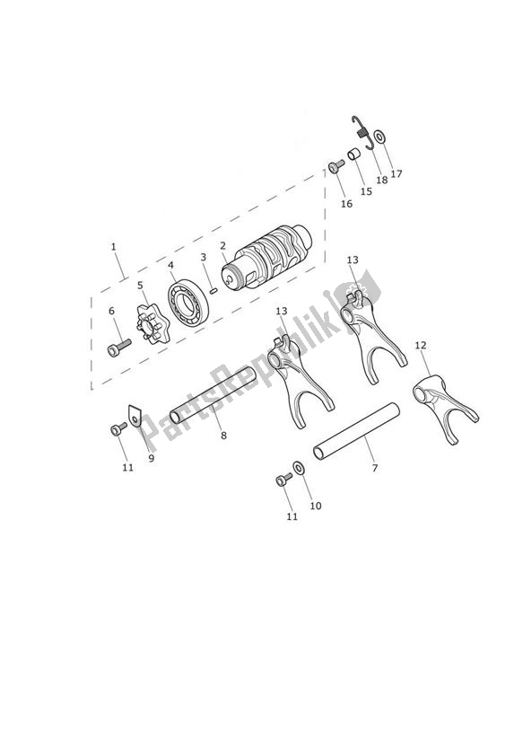 All parts for the Gear Selector Drum of the Triumph Tiger XR UP TO VIN 855531 1215 2015 - 2017