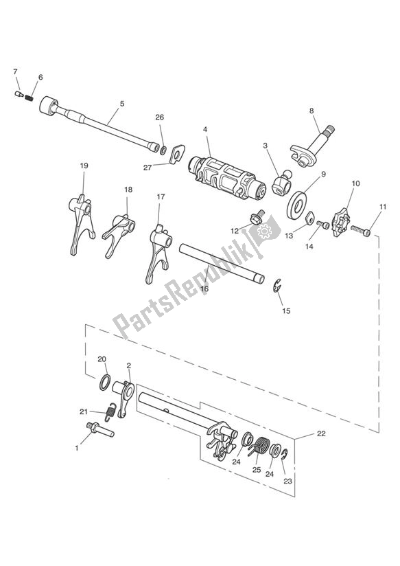 All parts for the Gear Selection Shaft Gear Selector Drum Gear Selector Forks of the Triumph Rocket III 2294 2004 - 2012